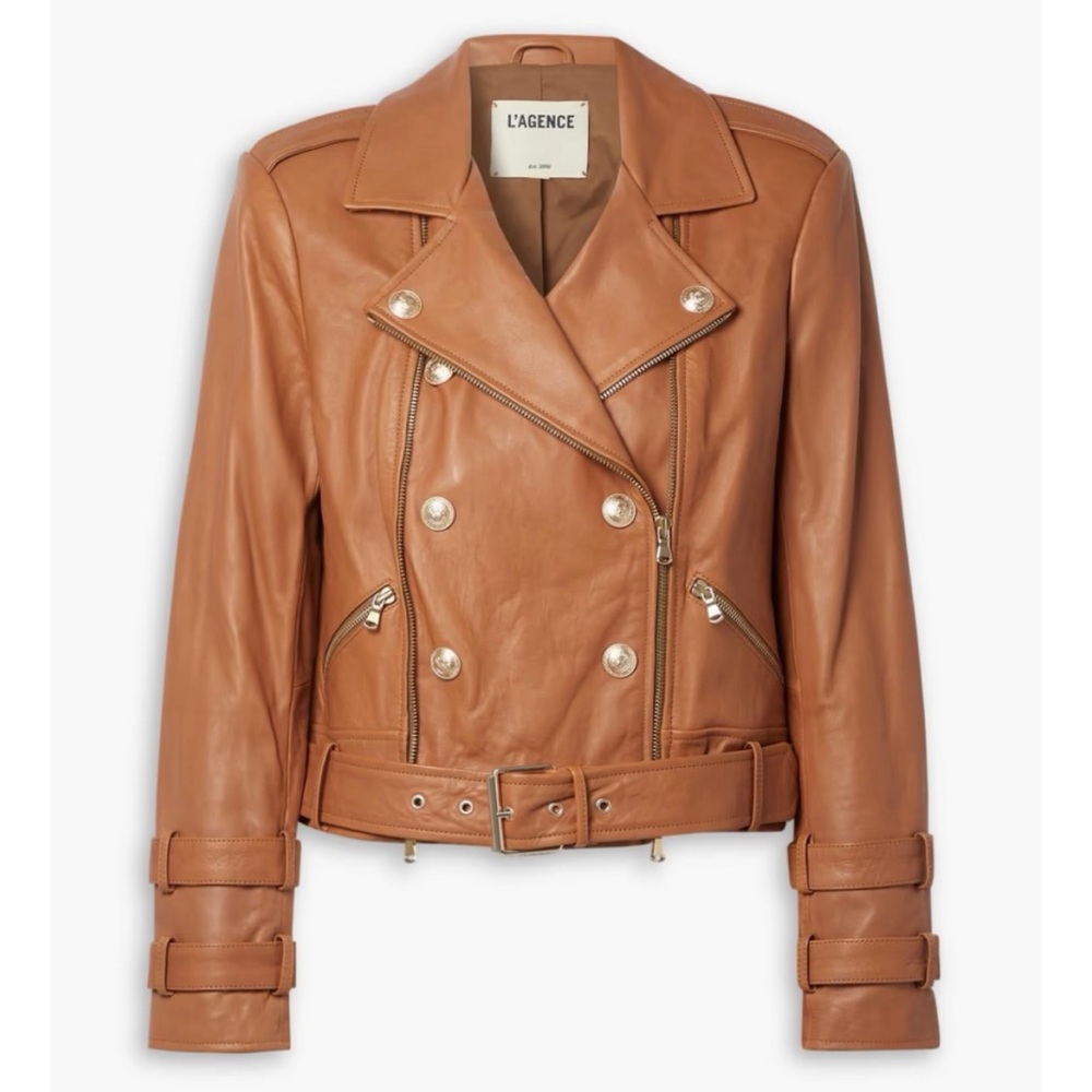 L'AGENCE Billie Belted Cognac Leather Jacket - Size XXL